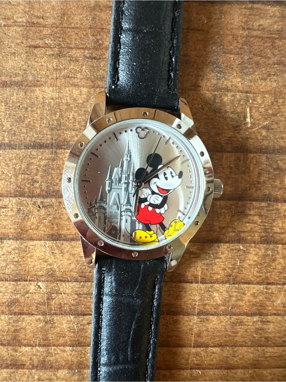 Disney Mickey Mouse Silver Dial Watch with Black Leather Strap